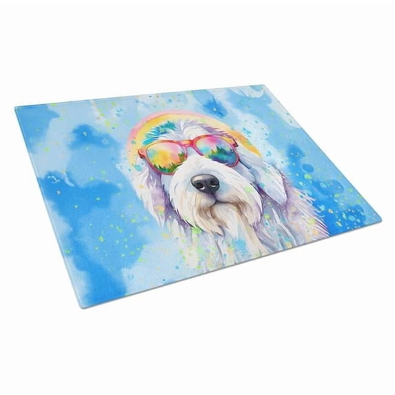 Old English Sheepdog Hippie Dawg Glass Cutting Board Large 12 in x 15 in