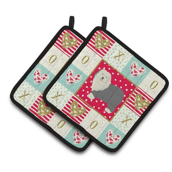 Old English Sheepdog Love Pair of Pot Holders