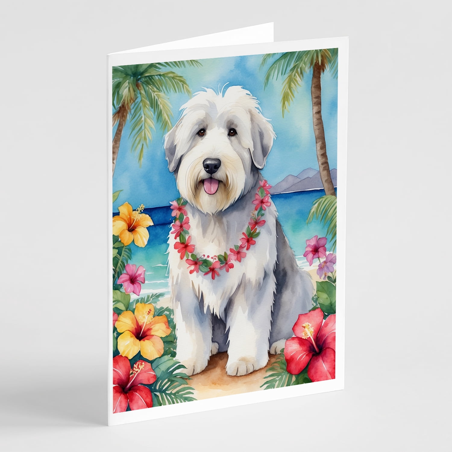 Old English Sheepdog Luau Greeting Cards Pack of 8 7 in x 5 in