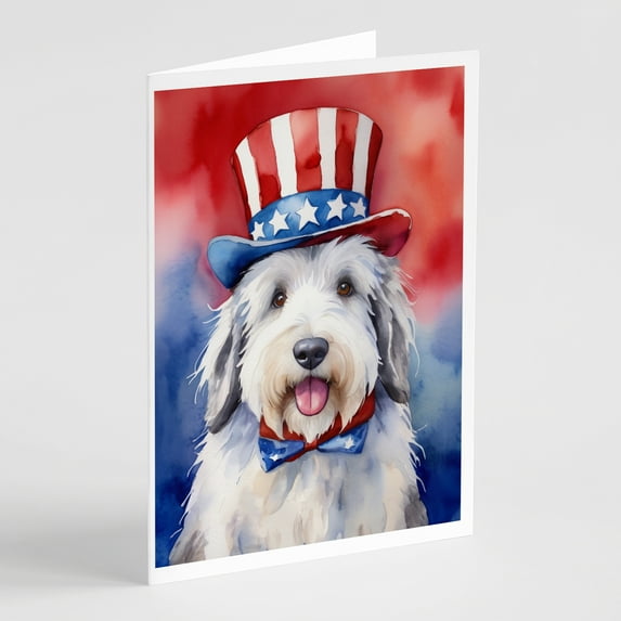 Old English Sheepdog Patriotic American Greeting Cards Pack of 8 7 in x 5 in