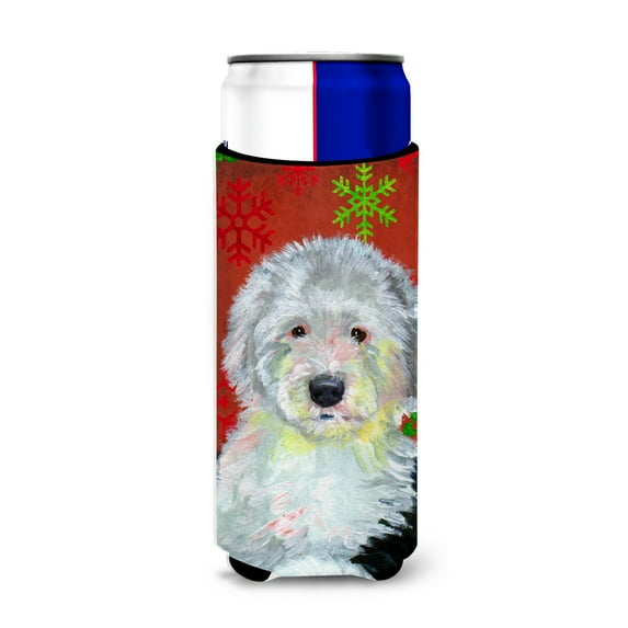 Old English Sheepdog Red Green Snowflakes Holiday Christmas Ultra Hugger for slim cans