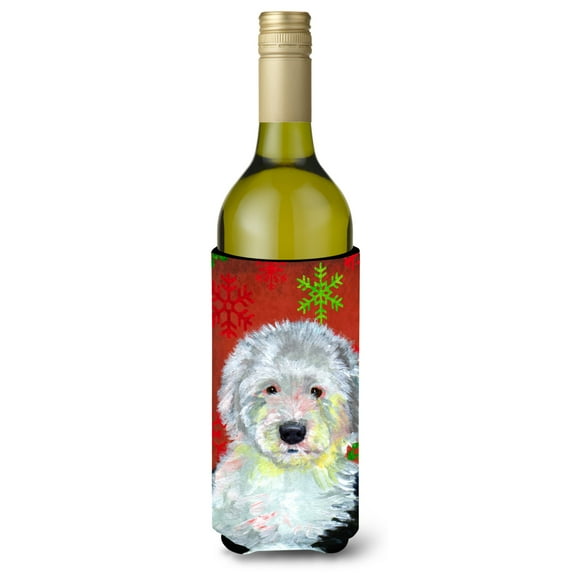 Old English Sheepdog Red  Green Snowflakes Holiday Christmas Wine Bottle Hugger