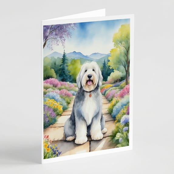 Old English Sheepdog Spring Path Greeting Cards Pack of 8 7 in x 5 in