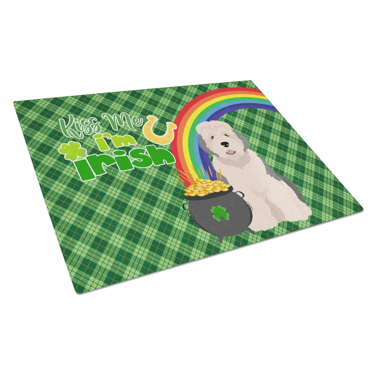 Old English Sheepdog St. Patrick's Day Glass Cutting Board Large 12 in x 15 in