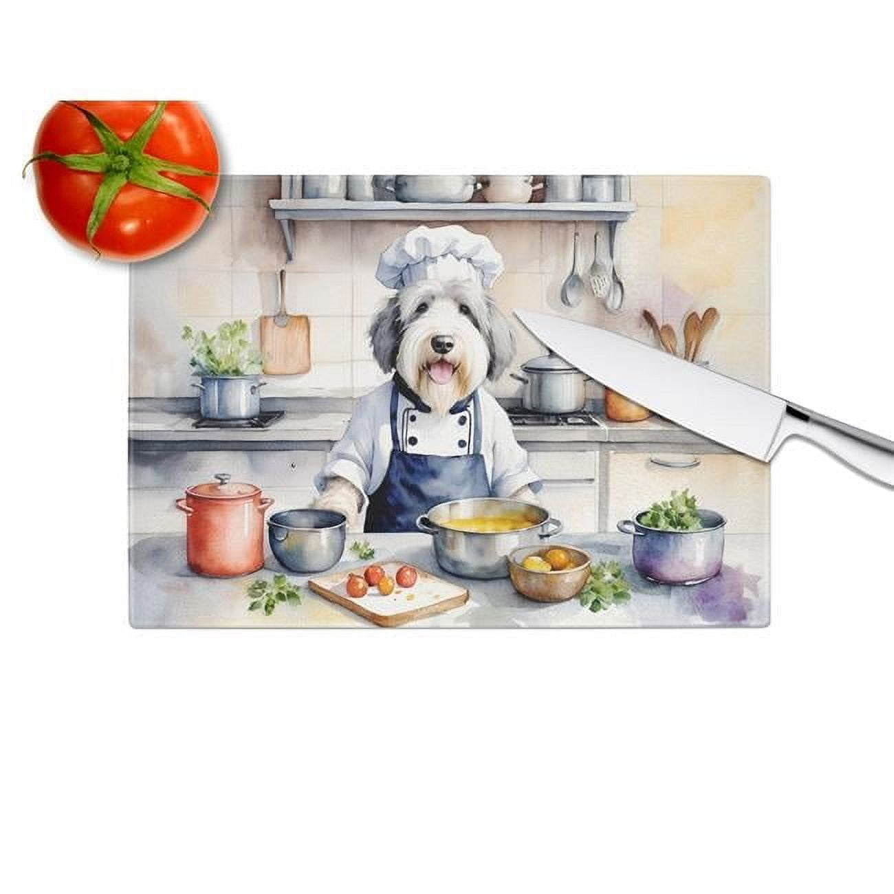 Old English Sheepdog The Chef Glass Cutting Board 12 in x 15 in