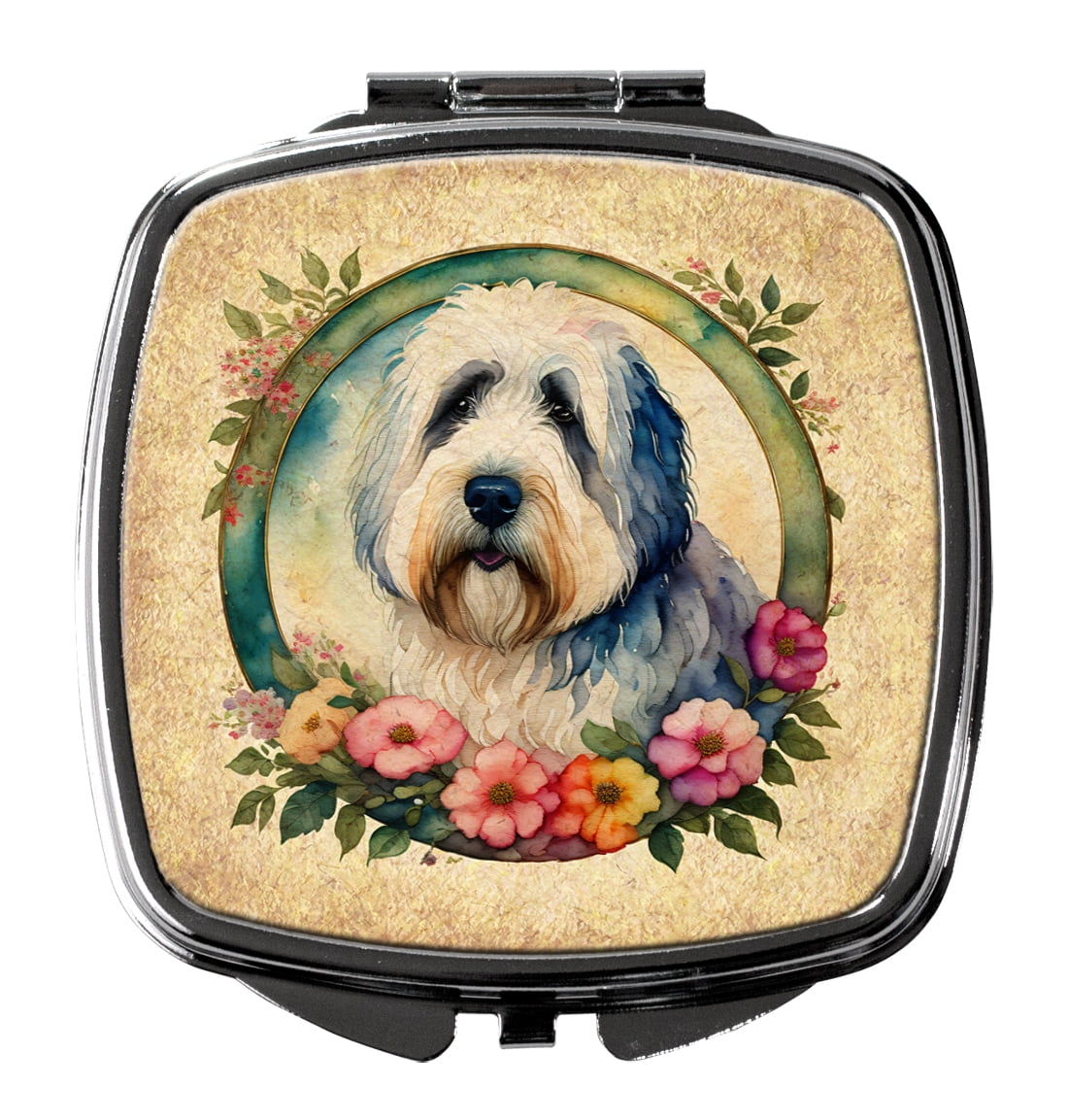 Old English Sheepdog and Flowers Compact Mirror 2.75 in x 3 in