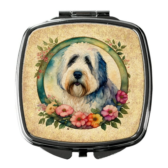 Old English Sheepdog and Flowers Compact Mirror 2.75 in x 3 in
