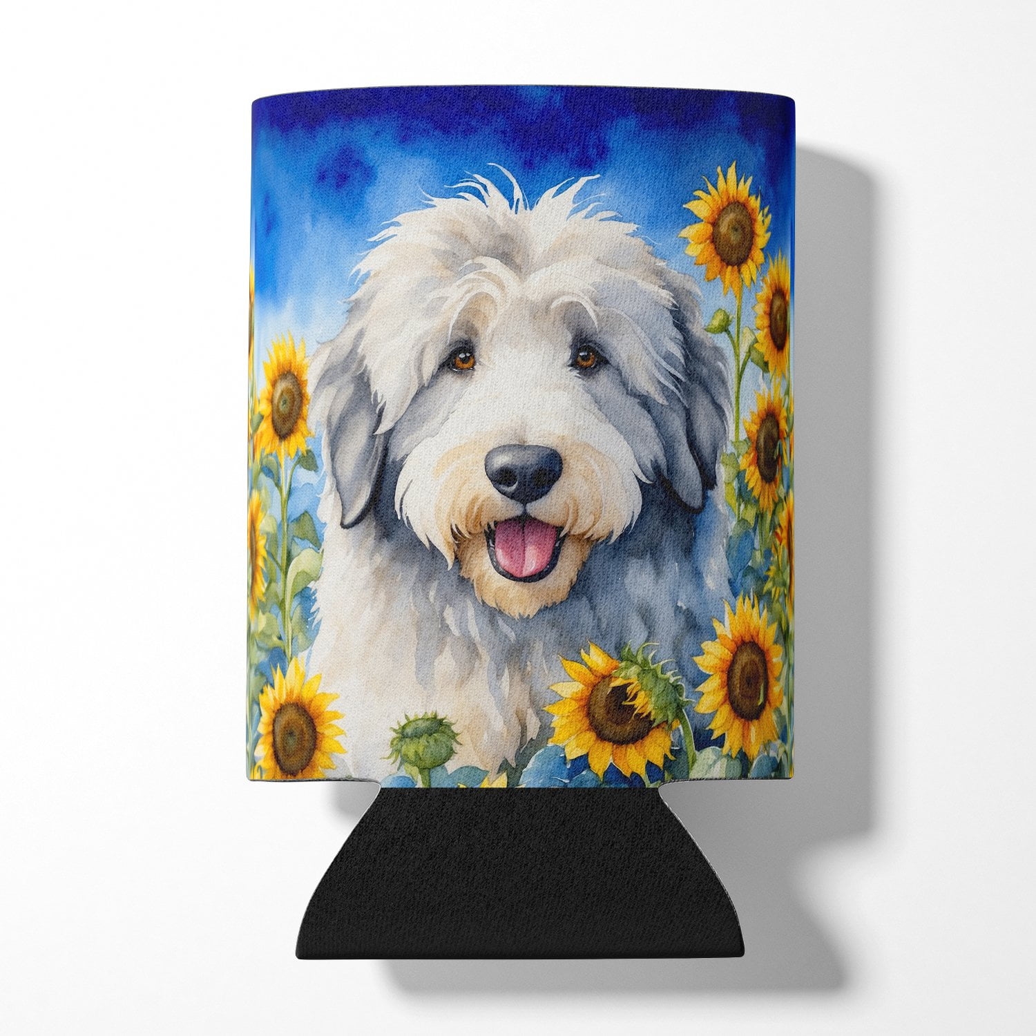 Old English Sheepdog in Sunflowers Can or Bottle Hugger 3 in x 5 in