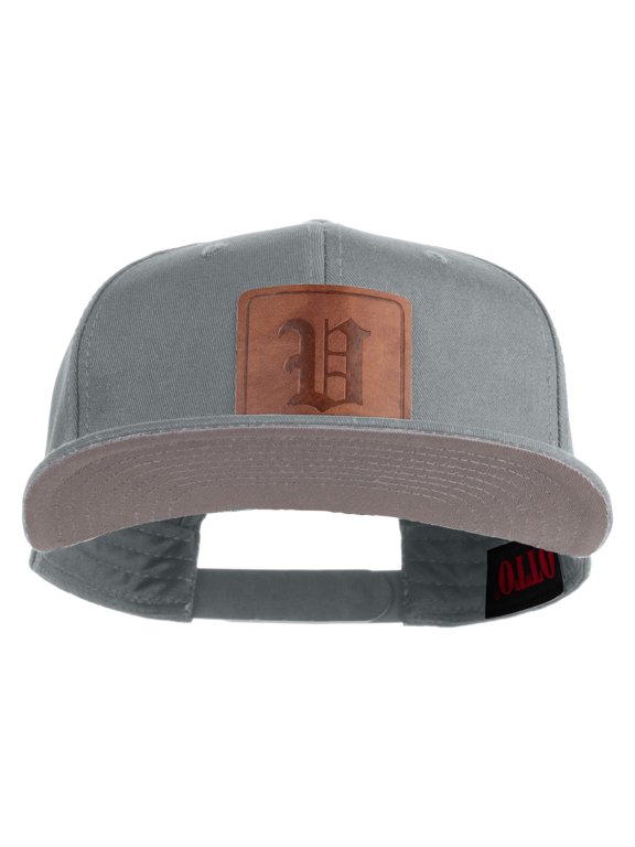 Old English V Faux Leather Patched Cotton Flat Bill Snap Cap - Grey OSFM