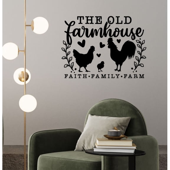 The Old Farmhouse Faith Family Farm Quote with Rooster – Rustic Vinyl Wall Decal Sticker for Kitchen, Living Room, Entryway, or Office Farmhouse Style Decor, 23x17-Inch, Black