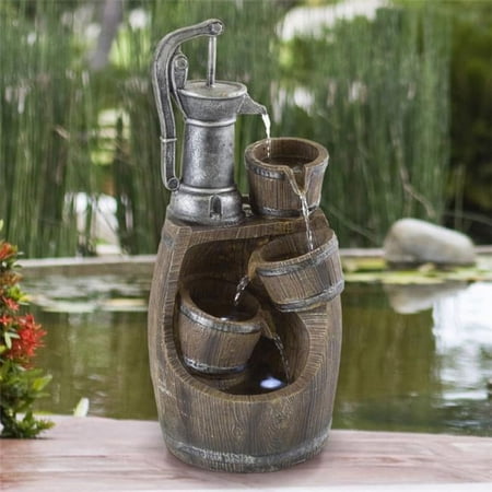 Old Fashion Hand Pump Fountain- 4-Tier Polyresin Barrel Cascading Waterfall With LED Lights