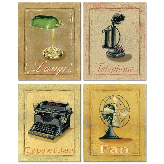 Old-Fashioned 50's Office Typewritern Telephone, Desk Lamp & Fan; 4-8x10" Paper Prints