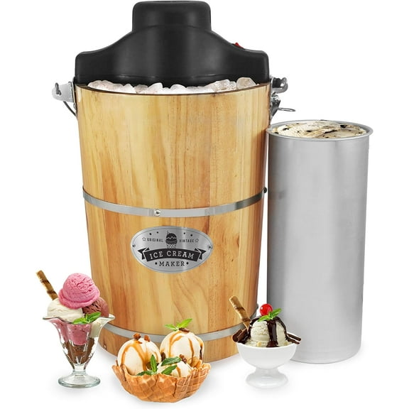 Old Fashioned 6 Quart Vintage Wood Bucket Electric Ice Cream Maker Machine, Bonus Classic Die-Cast Hand Crank for Churning, Uses Ice and Rock Salt