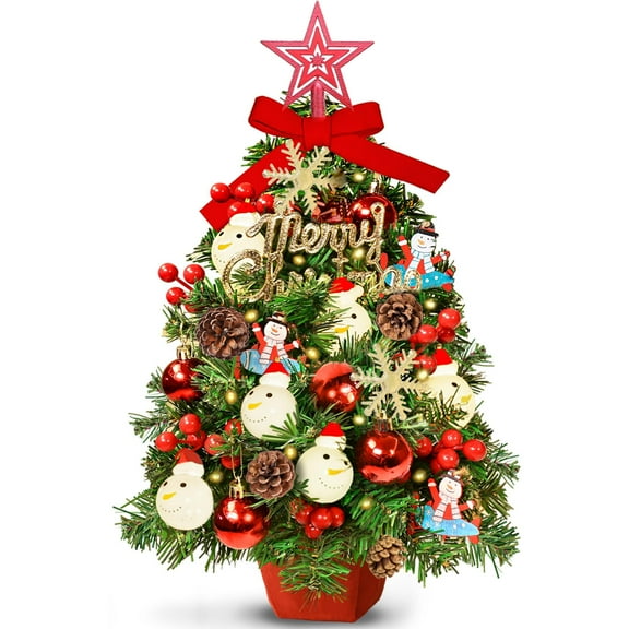 24" Mini Christmas Tree with LED Snowman Globe String Lights/Pine Cones Xmas Balls, Tabletop Christmas Tree with 36 Ornaments, Small Artificial Xmas Spruce Tree for Holiday Indoor Christmas Decor