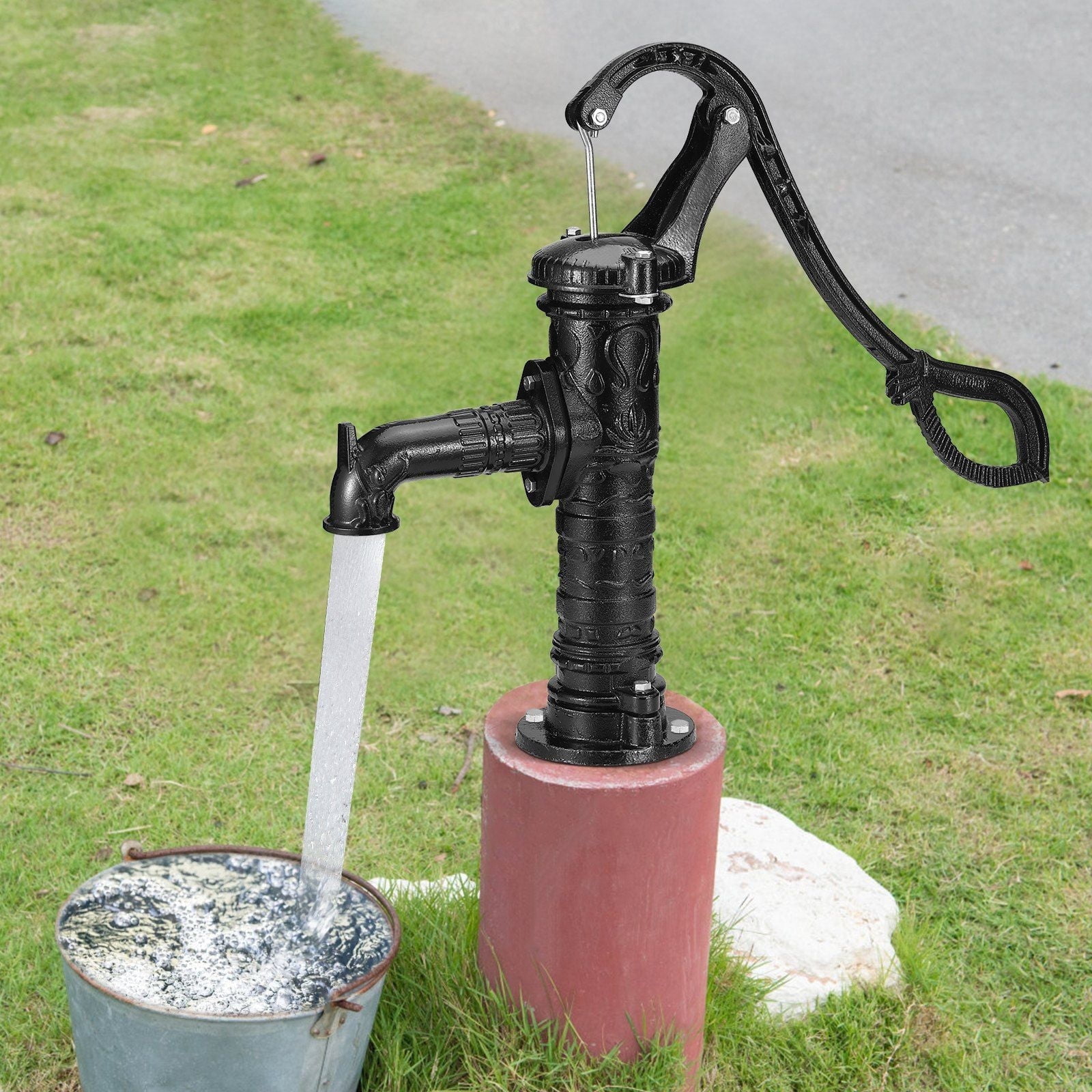 Old Fashioned Cast Iron Hand Pump for Well, 14.6 x 5.9 x 25.6 Inch Pitcher Water Pump with Handle, Antique Yard Garden Pond Pump, Pre-Set 0.5" Holes for Quick Installation, Black