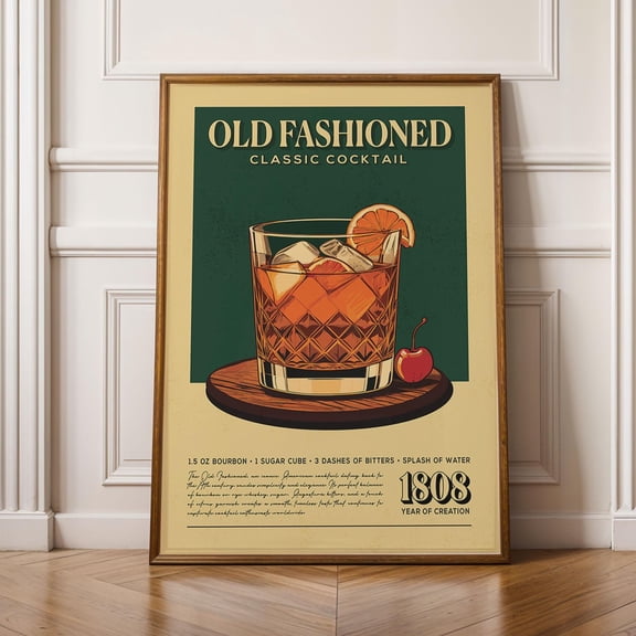 Old Fashioned Cocktail Print, Old Fashioned Cocktail Poster, Bar Wall Art, Classic Bar Cart Art Prints, Retro Print, Bar Accessories, Poster Only