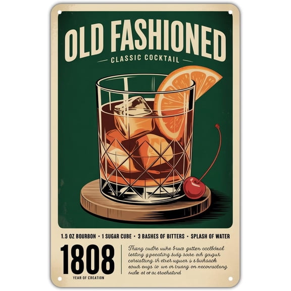 Old Fashioned Cocktail Recipe tin sign Vintage Classic Drink Metal Sign Print Aesthetic for Garden Yard Bar Porch Home Bedroom Kitchen Wall Decor Decor Gift 8 x 12 inch