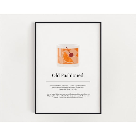Old Fashioned Cocktail Wall Art, Kitchen Wall Art, Cocktail Recipe Print, Bar Cart Decor Home Decor #2898, Unframed Canvas Size 12x18