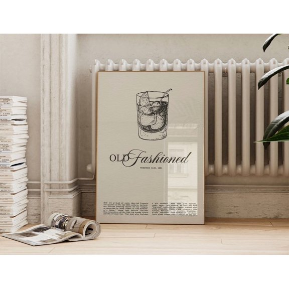 Old Fashioned Cocktail Wall Art Print, Vintage Bar Cart Glass And Retro Typography Decor
