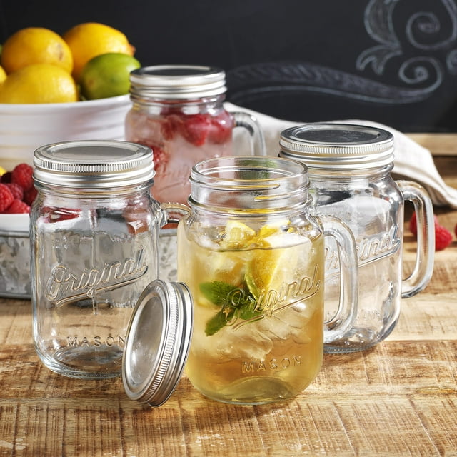 Old Fashioned Drinking Glass Bottles Mason Jar 16 Oz Glass Mugs With Handle And Lid Set Of 4