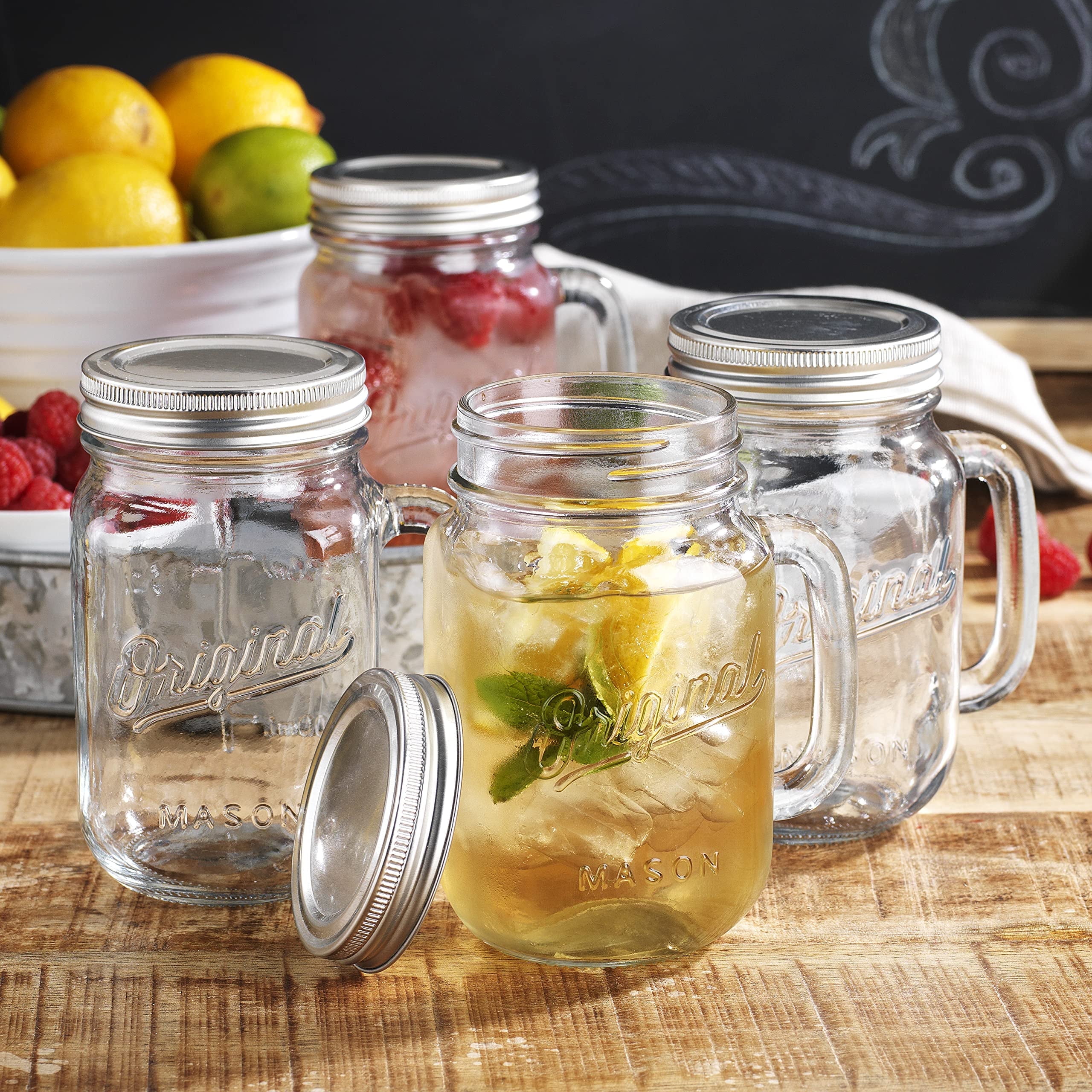 Reusable Glass Mugs For Lemonade Set Of 12 - 8oz Mason Jar Mugs With Handle  & Golden Lids - Glass Drinking Cups For Beverages, Storage, Parties, Decor  Set Of 12 Jar Mugs
