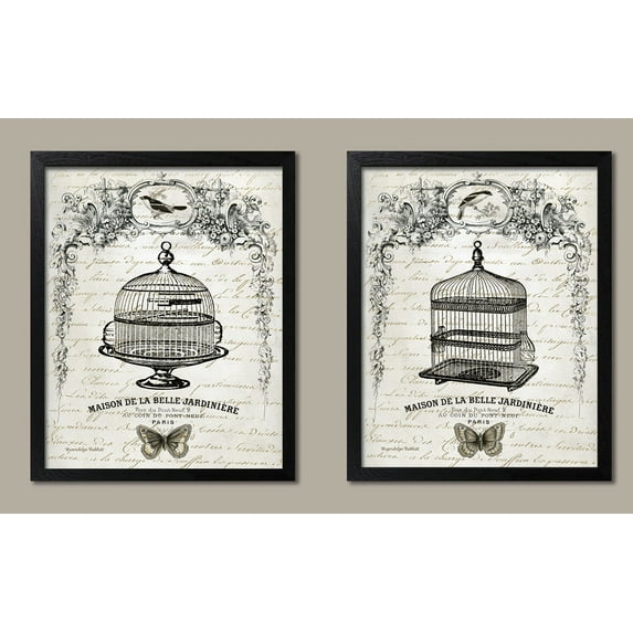 Old-Fashioned French Inspired Botanical Birdcages Maison De La Belle Jardiniere; Two 11x14in Black Framed Prints; Ready to hang!