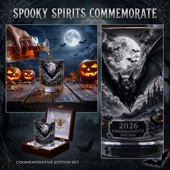 Old Fashioned Glass, Gothic Flying Bat Print, 2026 Commemorative Vintage Halloween Drinkware, for Home Bar Spooky Parties, Halloween Whiskey Lover Gift, Clear Glass Construction,