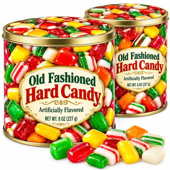 Old Fashioned Hard Candy Tin Gift Pack 2 Tins (8.0 oz Each) Assorted Fruit Flavors - Holiday Gift Treat Stocking Stuffer