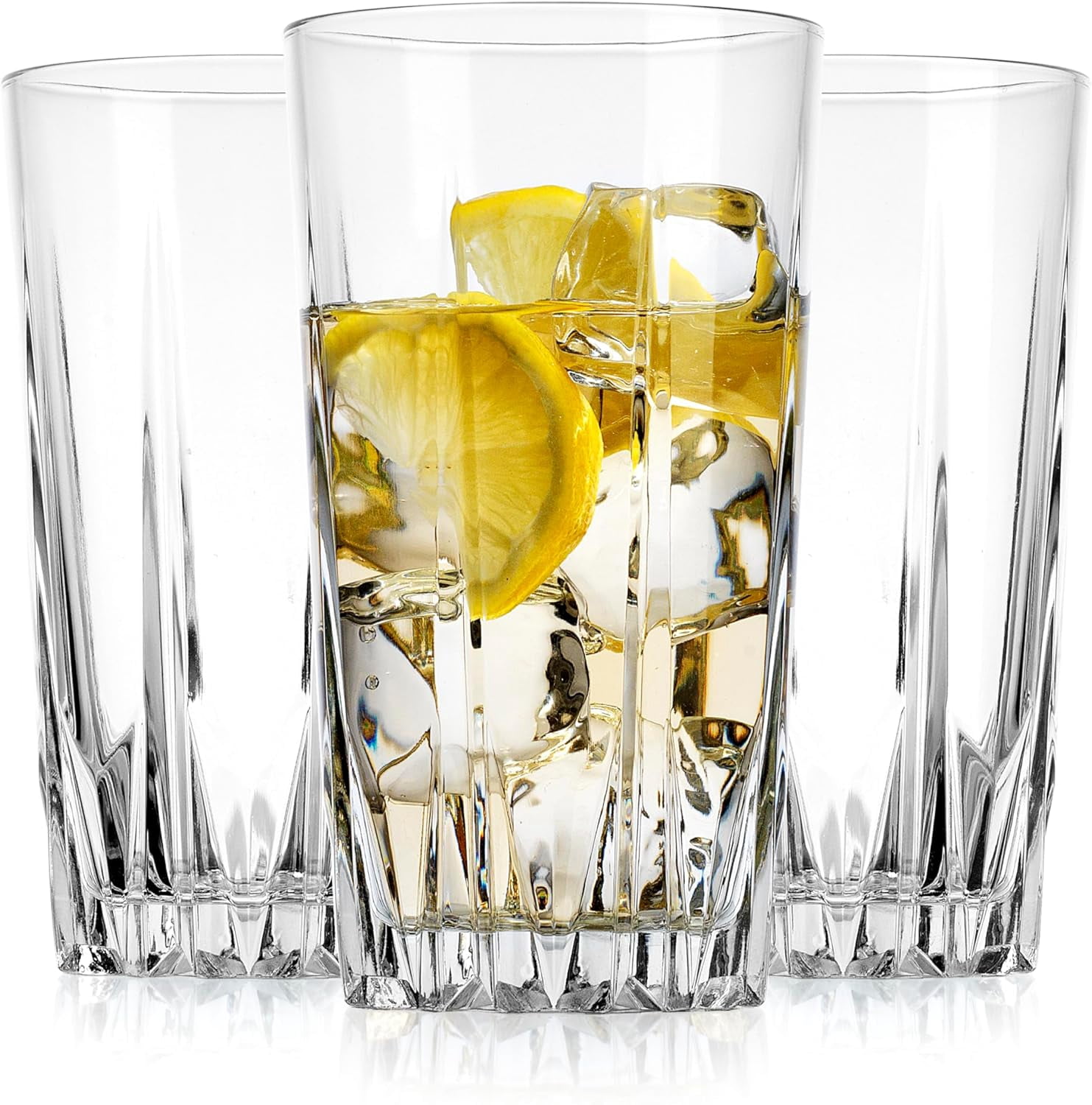 Old Fashioned Highball Glass Cups. Set of 10 Elegant Diamond Cut Drinking Glasses. Classic 15 oz ...