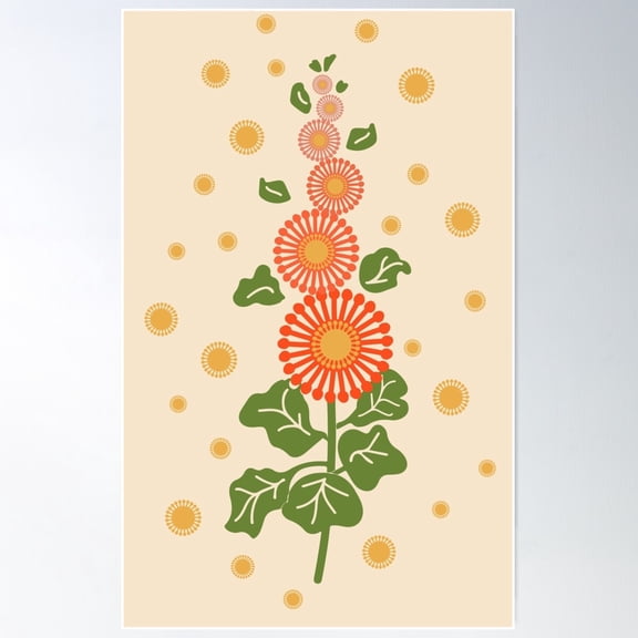 Old Fashioned Hollyhock Flower In Ombre Orange And Olive Green Poster Wall Art, Modern Wall Decor For Living Room Bedroom, 12x18 UNFRAMED