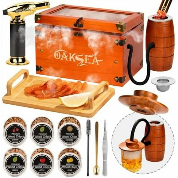 Old Fashioned Smoker Kit, Whiskey Smoker Kit, Gifts for Men Dad Him Stocking Stuffers, Smoker Box with Food Tray, 6PCS Flavor Wood Chips, Cocktail Smoker Kit (Butan Not Required)