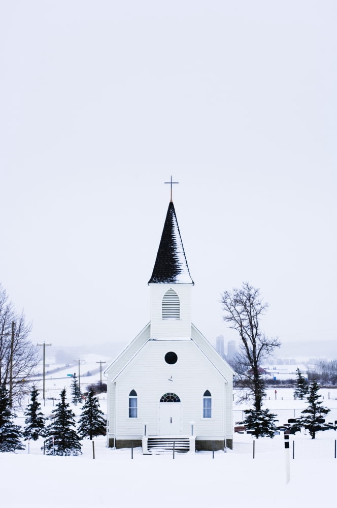 Old Fashioned Steeple Church In Winter Canvas Art - Corey Hochachka Design Pics (22 x 34)