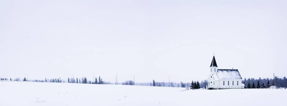 Old Fashioned Steeple Church In Winter Canvas Art - Corey Hochachka Design Pics (33 x 12)