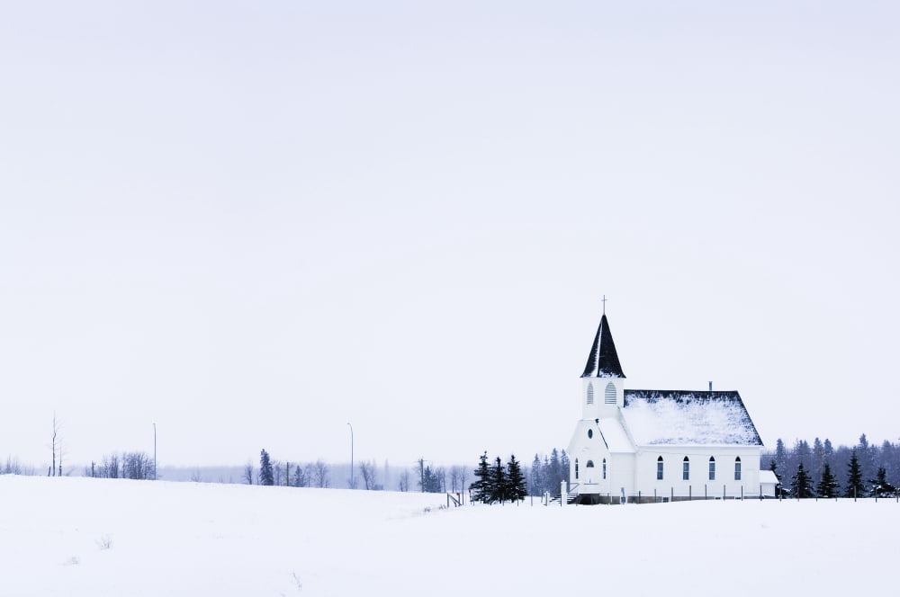 Old Fashioned Steeple Church In Winter Canvas Art - Corey Hochachka  Design Pics (34 x 22)