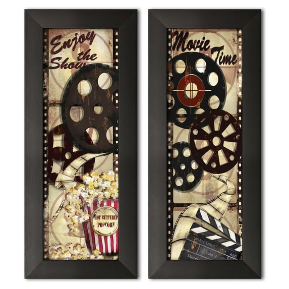 Old-Fashioned Vintage Movie Reel "Enjoy the Show" and "Movie Time" Set; 2-6x18" Black Framed Prints