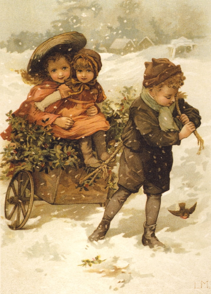 Old Father Christmas 1888 Children with sled Canvas Art - Lizzie Mack (18 x 24)