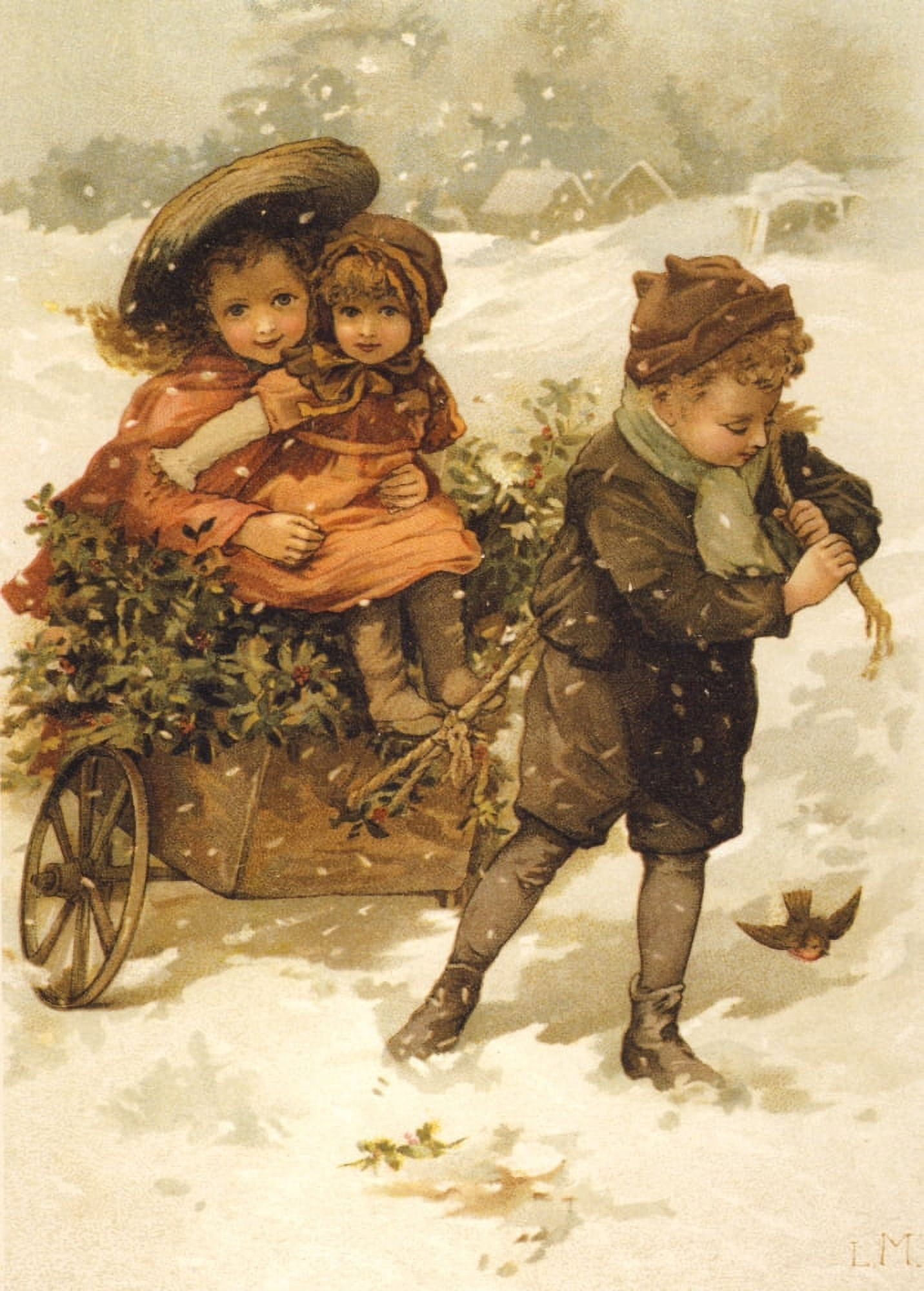 Old Father Christmas 1888 Children with sled Canvas Art - Lizzie Mack (24 x 36)