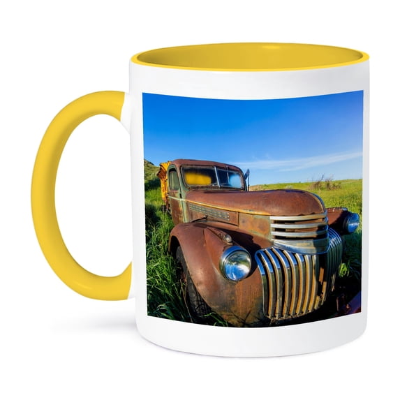 3dRose, Old feed truck near Medora, North Dakota, USA, 15oz Two-Tone Yellow Mug