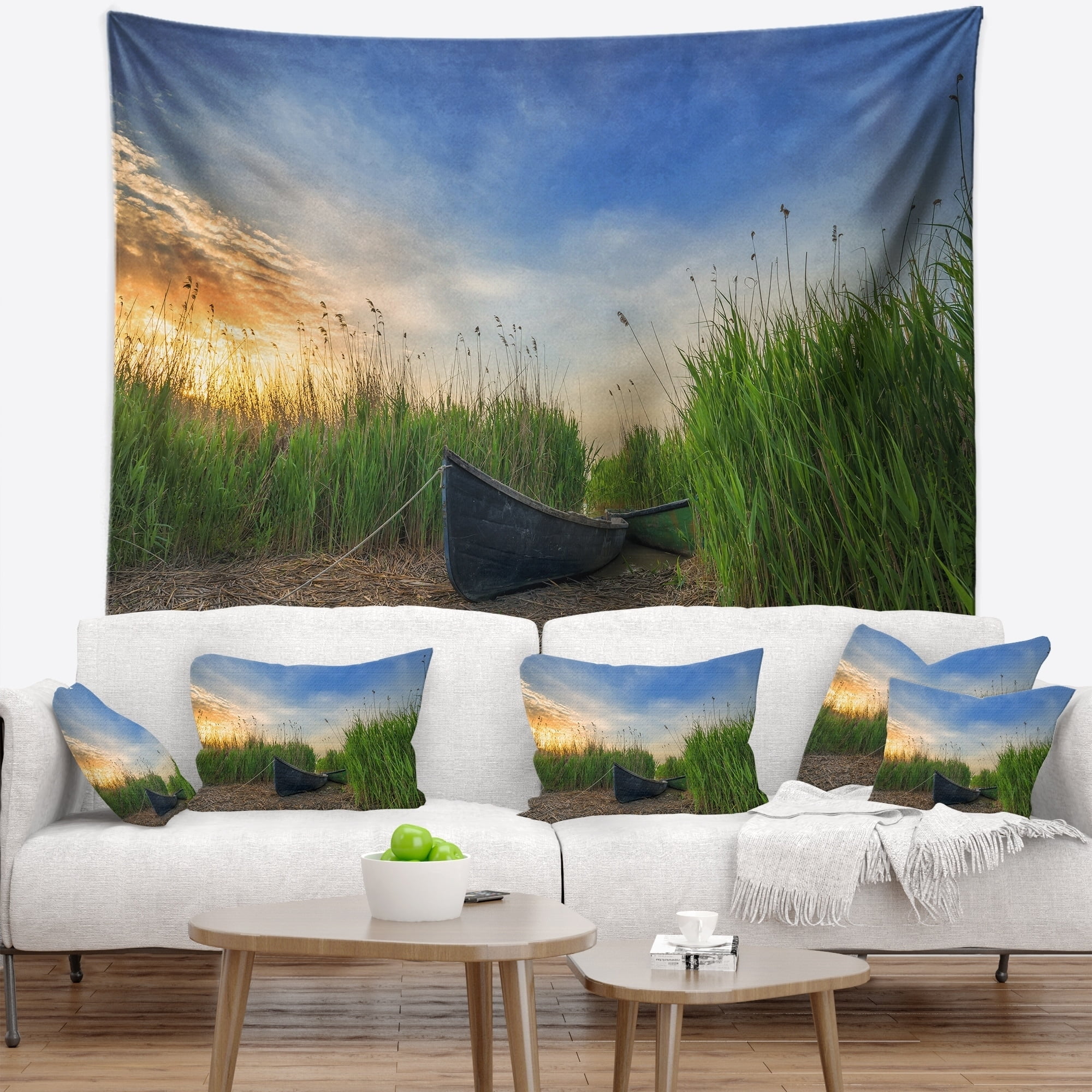 Old Fisher Boat Near Lake' Landscape Photography Wall Tapestry
