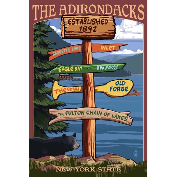 Old Forge, New York, The Adirondacks, Destination Signpost (24x36 Giclee Gallery Art Print, Vivid Textured Wall Decor)