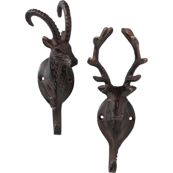 WHW Stag and Ram Head Wall Hooks, Set of 2, Artisan Crafted, Rustic Brown, 8.25 Inches