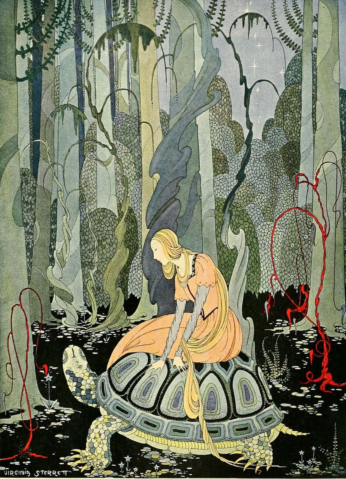 Old French Fairy Tales 1920 Passing through the forest Canvas Art - Virginia Sterrett (18 x 24)