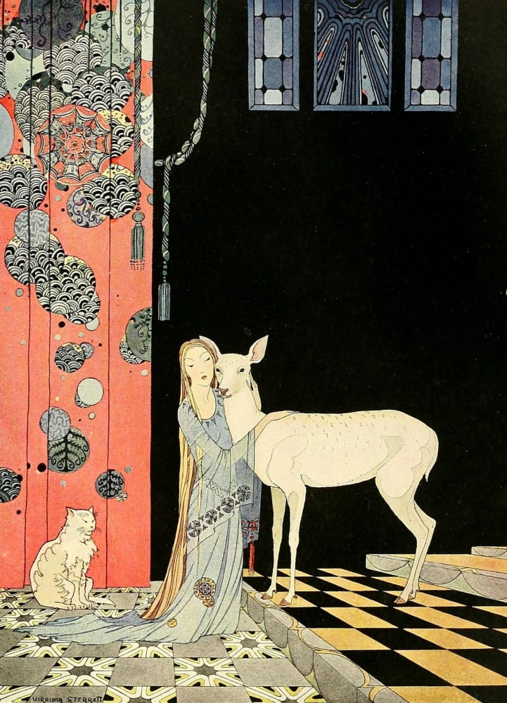 Old French Fairy Tales 1920 She threw her arms around Bonne-Biche Canvas Art - Virginia Sterrett (18 x 24)