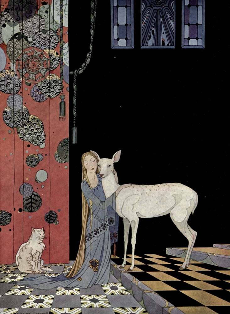 Old French Fairy Tales 1920 She threw her arms around his neck Canvas Art - Virginia Sterrett (24 x 36)