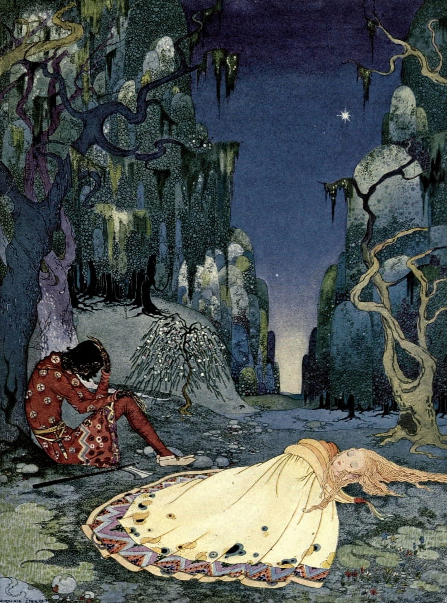 Old French Fairy Tales 1920 Violette passed night in forest Canvas Art - Virginia Sterrett (18 x 24)