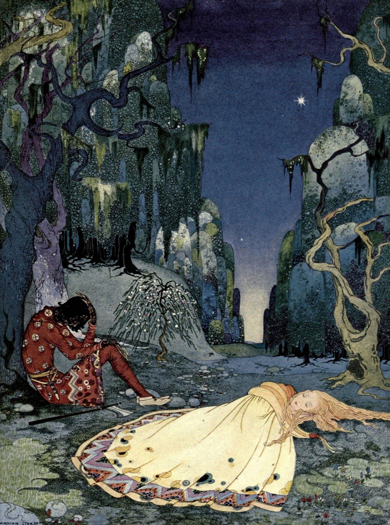 Old French Fairy Tales 1920 Violette passed night in forest Canvas Art - Virginia Sterrett (24 x 36)