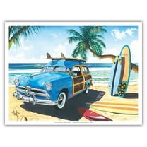 Old Friends - Retro Woodie on Beach with Surfboards - From an Original Color Painting by Scott Westmoreland - Master Art Print (Unframed) 9in x 12in