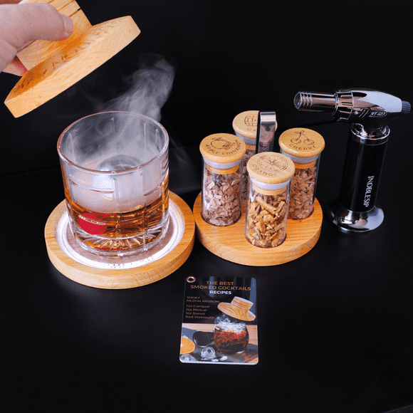 Cocktail Smoker Kit with Bar Stand "Smoky Pro" by NOBLESIP with all you need to smoke your whiskey, bourbon, scotch, old fashioned, and all your favorite cocktails. A great bar gift