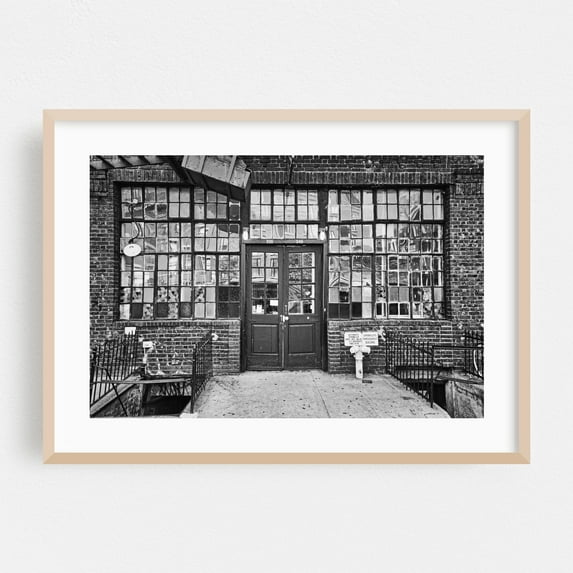 Old Glass Windows on Bowery - Manhattan New York Photography Black and White Industrial Architecture Abandoned Street Photography Vintage Oak Framed Wall Art Print 24 x 36 inches