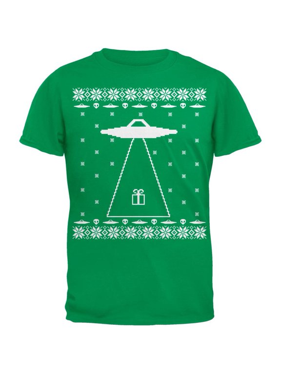 Alien Abduction Ugly Christmas Sweater Green Adult T-Shirt
